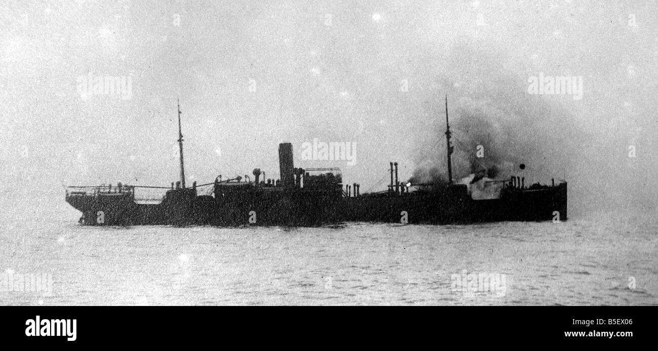 A German blockade runner comes under fire from a Royal Navy dreadnought