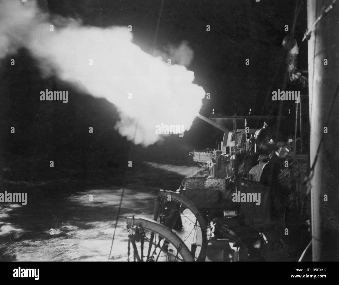 British Royal Navy ships carry out a bombardment of the enemy occupied