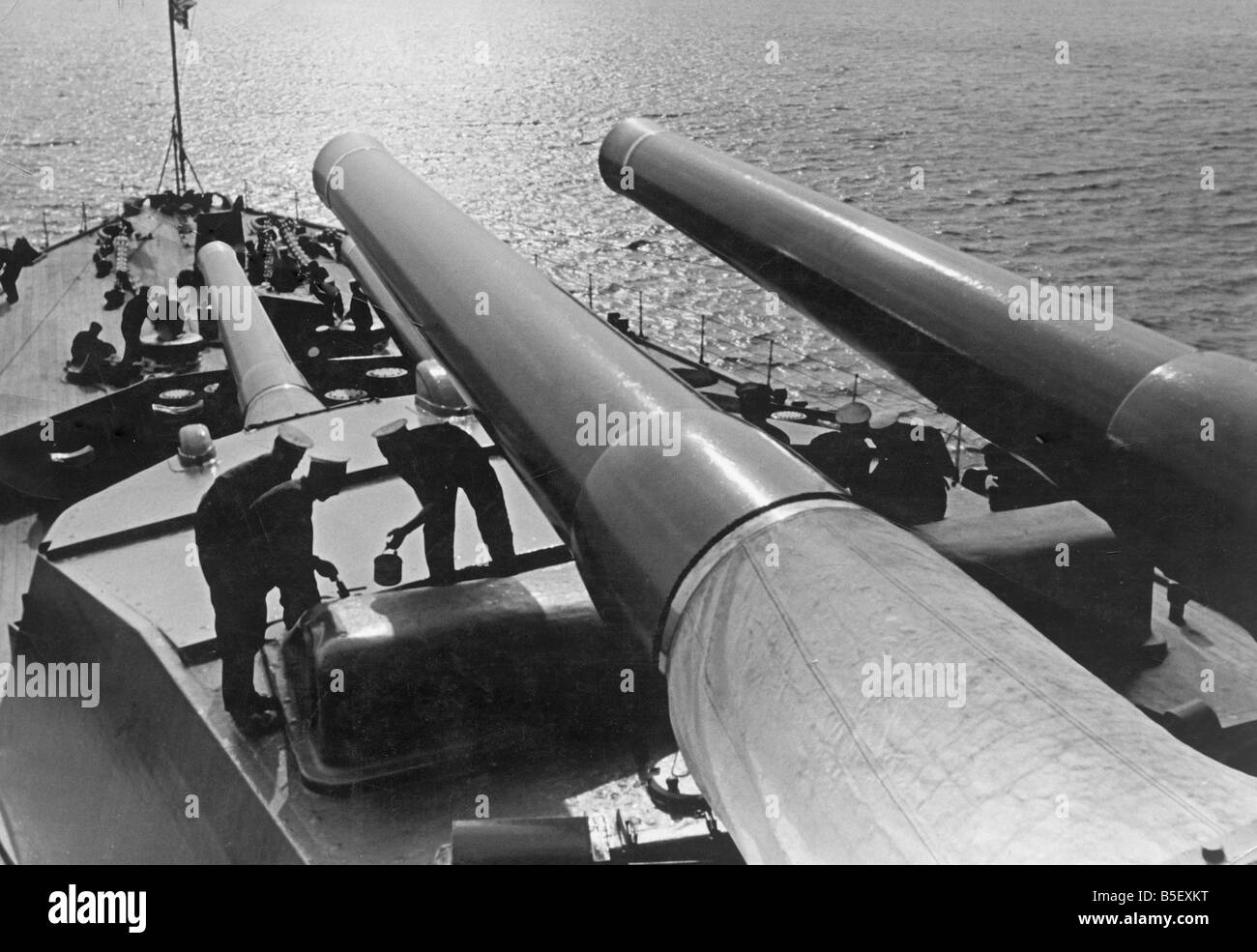 Scene on deck of the Royal Sovereign class battleship HMS Ramillies of