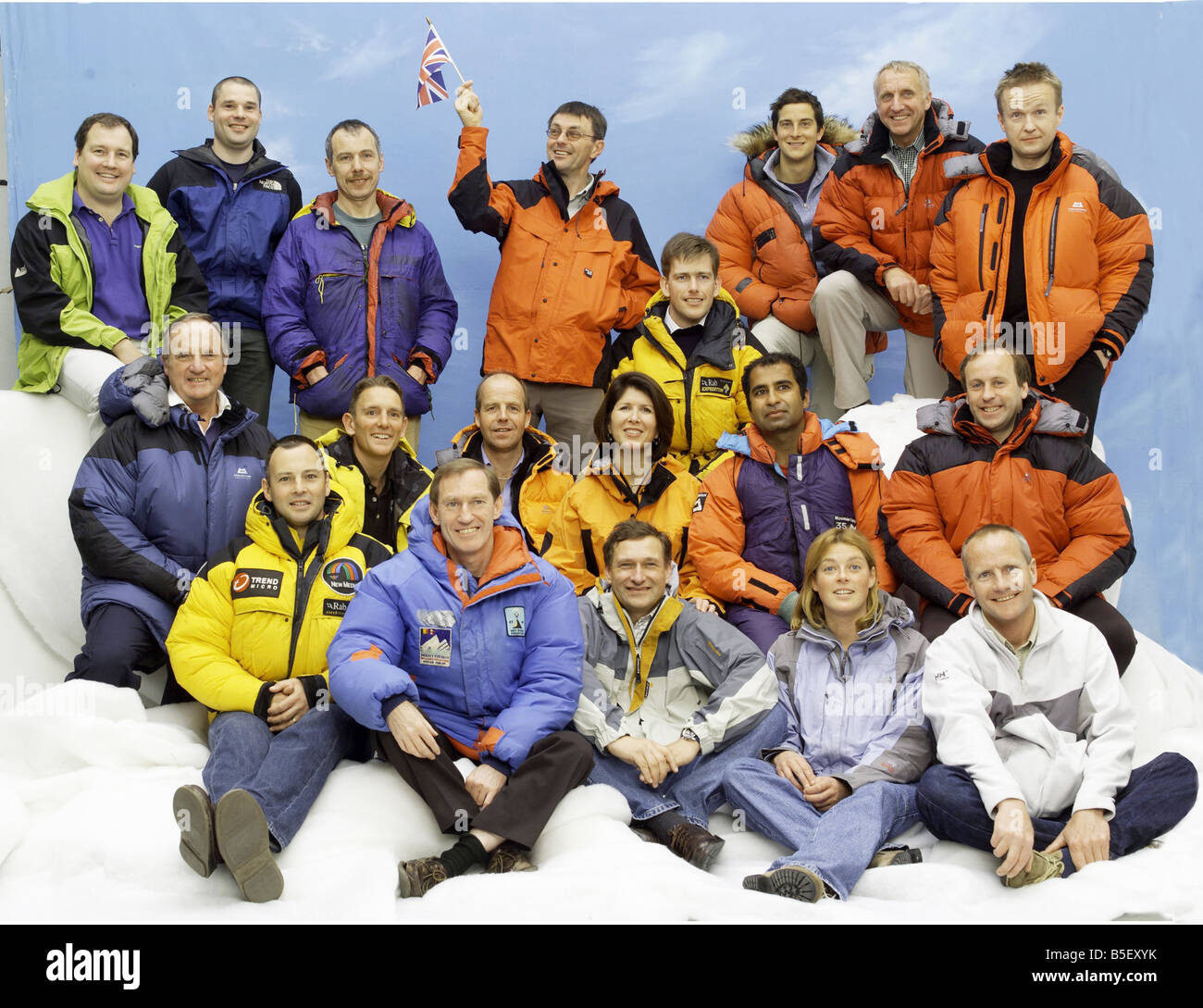 Everest 50th anniversary May 2003 British climbers who have conquered Mount Everest L R standing Mark Warham Stuart Peacock Crag Jones Graham Ratcliffe Bear Grylls Chris Brown and Jon Tinker L R middle row Michael Bronco Lane Neil Laughton Sandy Allan Rebecca Stephens Geoffrey Stanford behind yellow jacket Sandeep Dhillon and Eric Blakeley L R front Chris Mothersdale Jonathan Pratt David Hempleman Adams Polly Murray and Andrew Salter Stock Photo