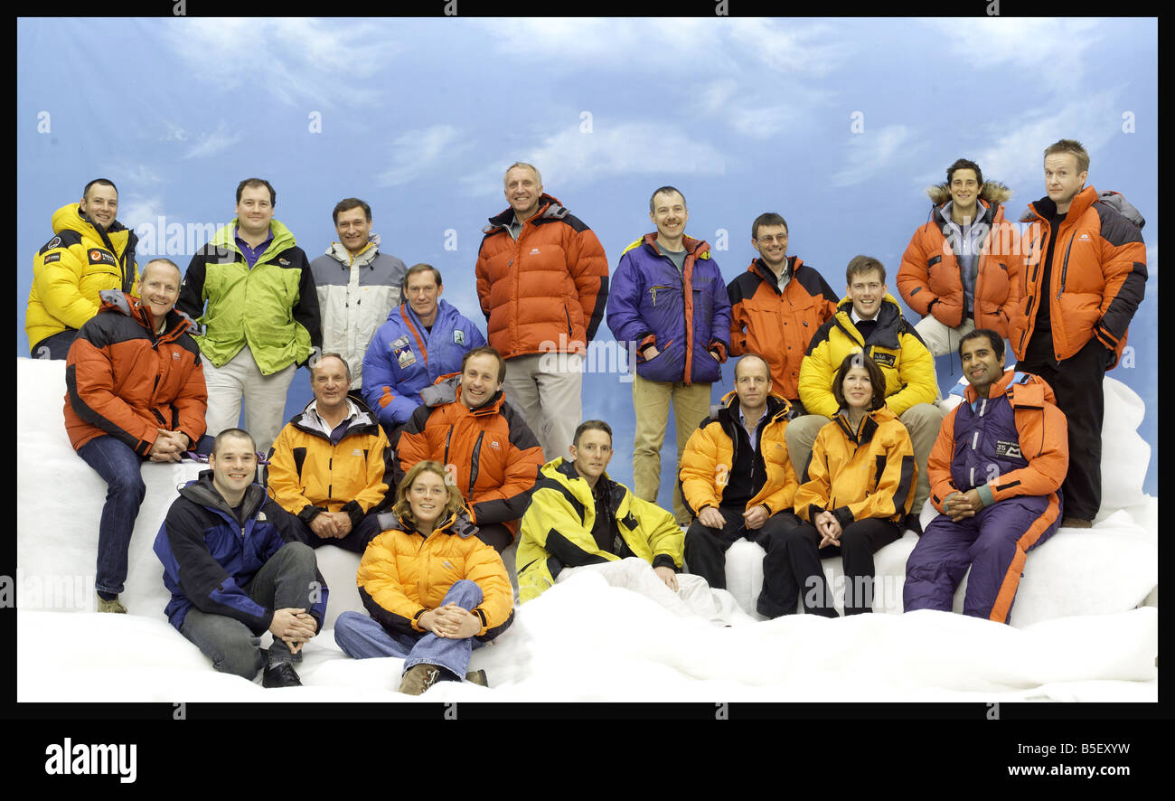 Everest 50th anniversary May 2003 British climbers who have conquered Mount Everest L R standing Chris Mothersdale Mark Warham David Hempleman Adams grey Chris Brown red Crag Jones blue Graham Ratcliffe Bear Grylls and Jon Tinker Middle Row Andrew Salter red Michael Bronco Lane orange Jonathan Pratt blue Eric Blakely red Sandy Allan orange Rebecca Stephens Geoffrey Stanford yellow and Sandeep Dhillon Seated on flooe Stuart Peacock Polly Murray and Neil Laughton yellow Stock Photo