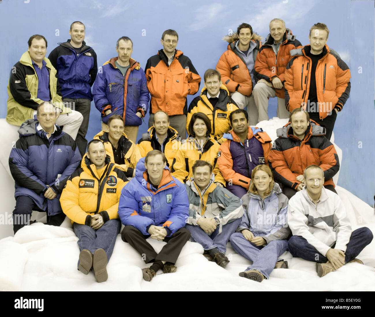 Everest 50th anniversary May 2003 British climbers who have conquered Mount Everest L R standing Mark Warham Stuart Peacock Crag Jones Graham Ratcliffe Bear Grylls Chris Brown and Jon Tinker L R middle row Michael Bronco Lane Neil Laughton Sandy Allan Rebecca Stephens Geoffrey Stanford behind yellow jacket Sandeep Dhillon and Eric Blakely L R front Chris Mothersdale Jonathan Pratt David Hempleman Adams Poly Murray and Andrew Salter Stock Photo