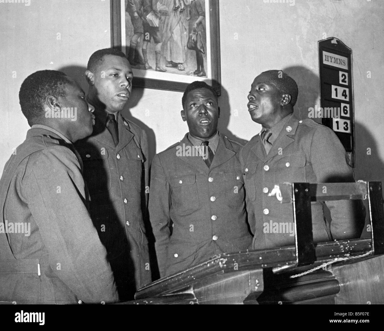 US troops in England during the Second World War Black American troops singing spiritual songs at Great Doddington Northamptonshire during a church service October 1942 Stock Photo