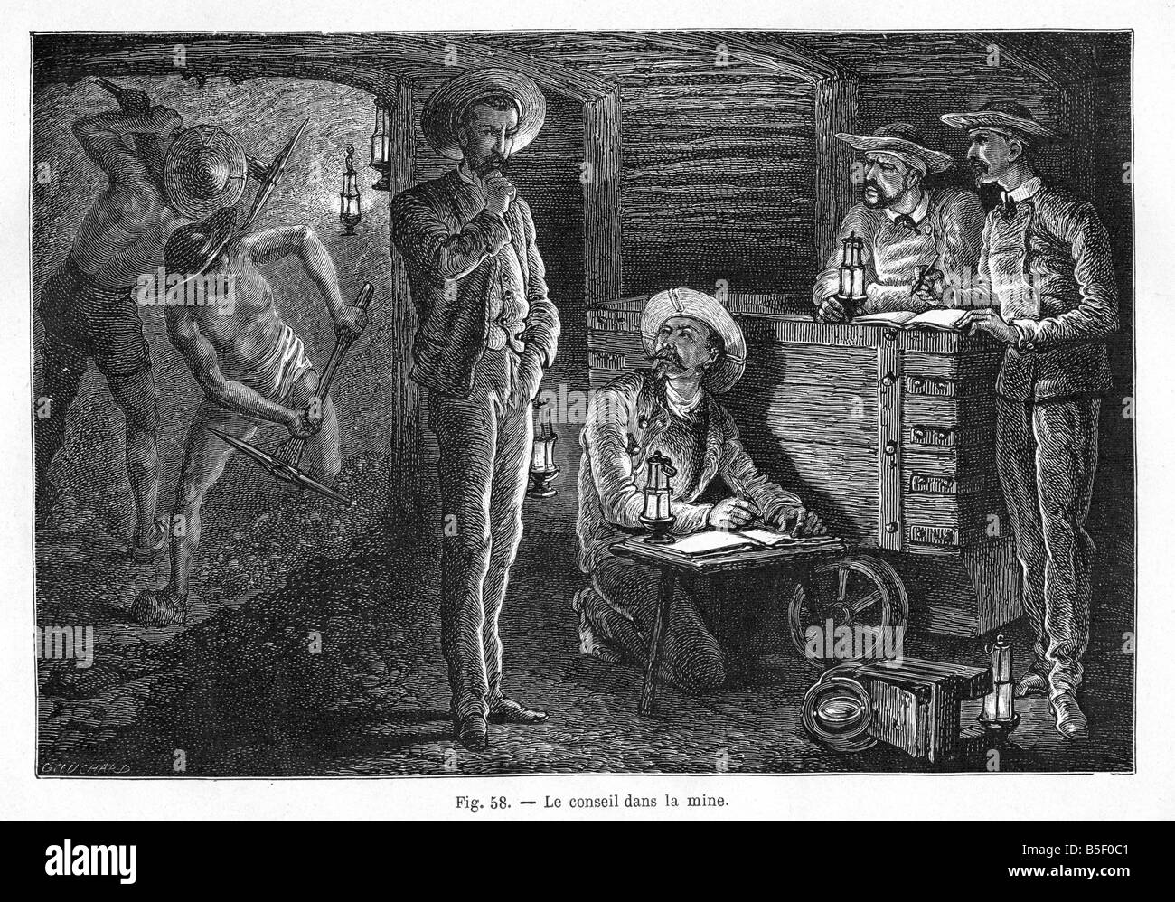 Coal Face Council 1866 engraving of French mining engineers meeting down the pit Stock Photo
