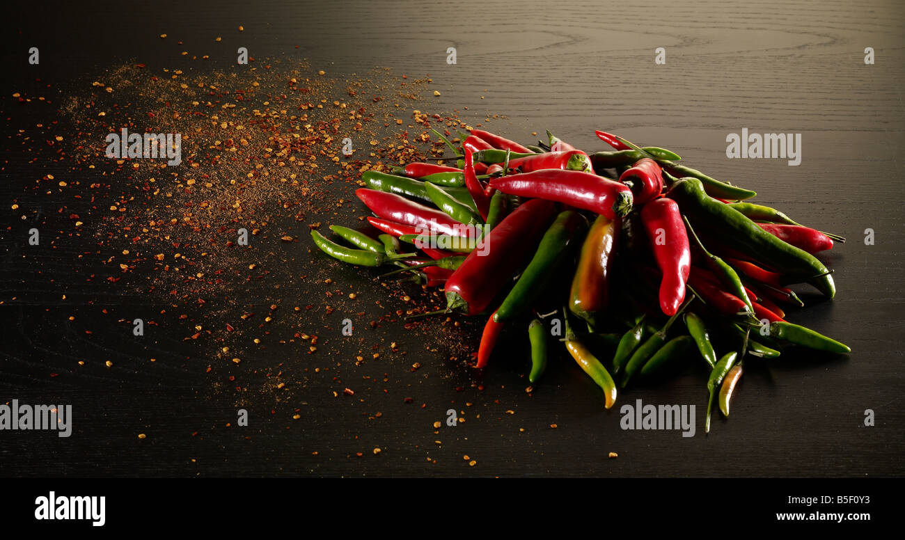 Pile of red and green chilli peppers Stock Photo