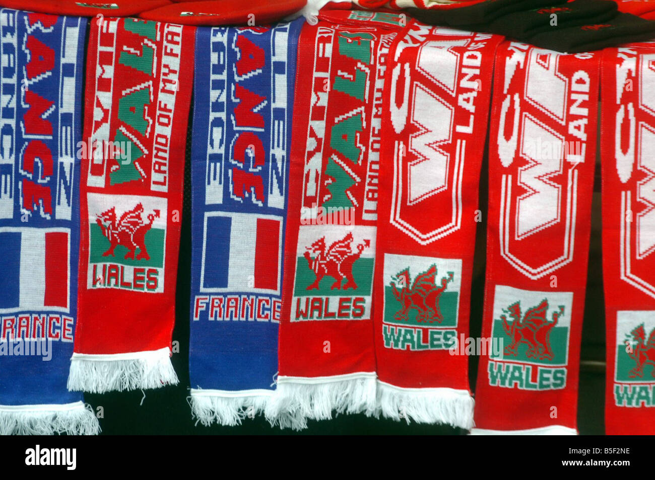 Sport Rugby Wales v France MEDIA WALES DAVIES Rugby scarves on sale in  Cardiff city centre on Grand Slam Day when Wales played France 15th March  2008 Stock Photo - Alamy