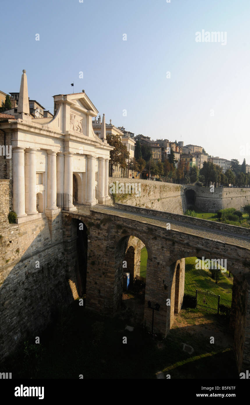 The main gate and bridge leading to the old town of Bergamo, in northern Italy. Stock Photo