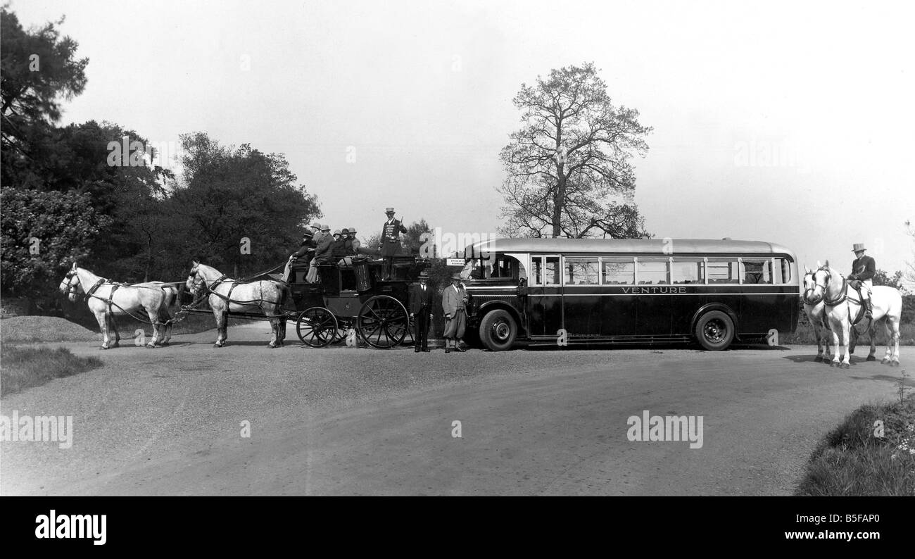 The Venture stagecoach standing next to its modern day equivalent