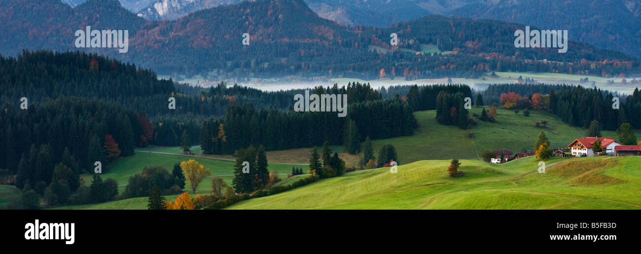 Rolling forest covered hills of the Allgaeu region as seen from village of Zell Bavaria Germany Stock Photo