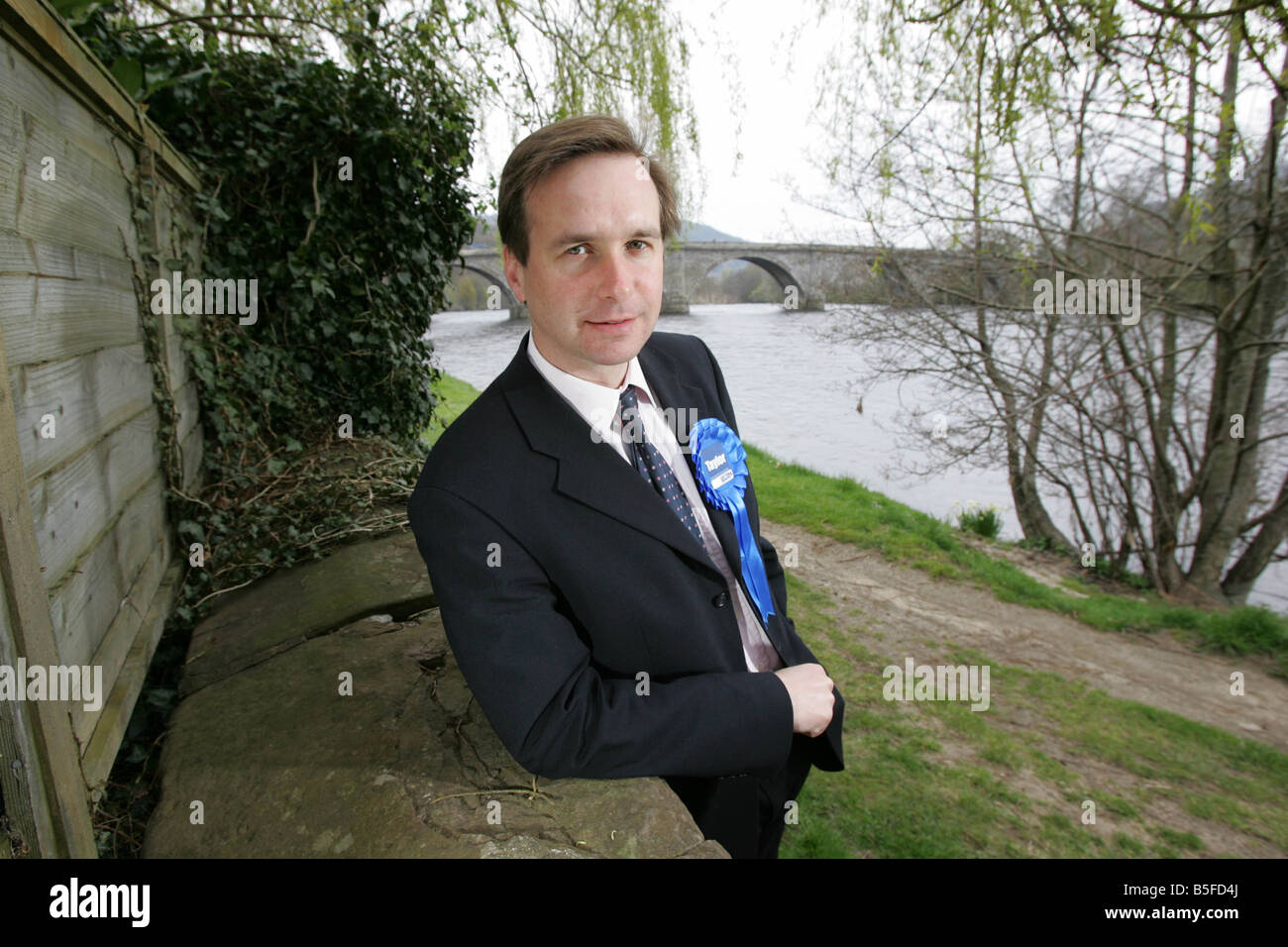 Tory candidate douglas taylor for Perth and North Pershire at the bridge over the Tay in Dunkeld 2005 Stock Photo