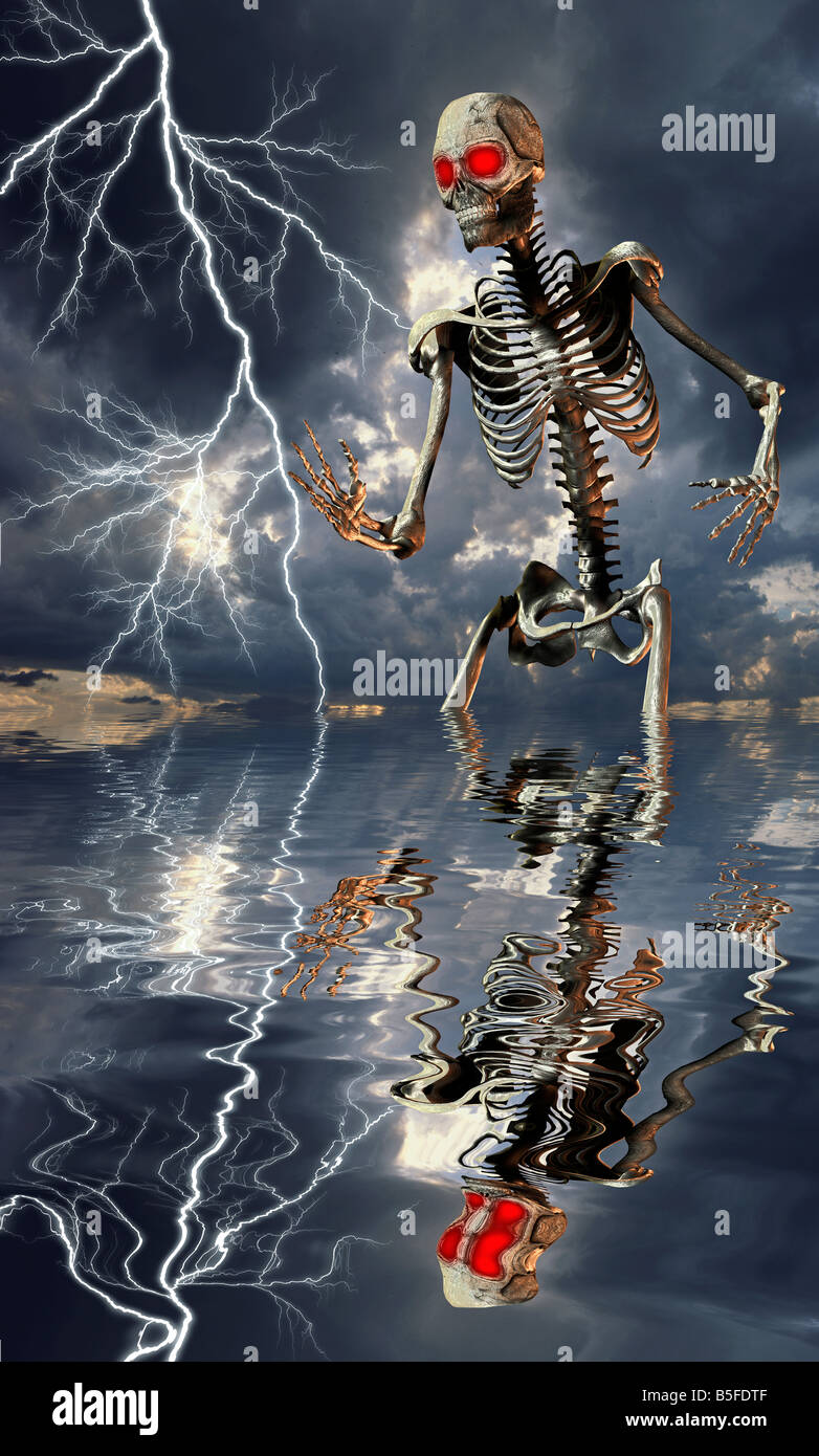 computer generated human skeleton wading in lake during lightning storm