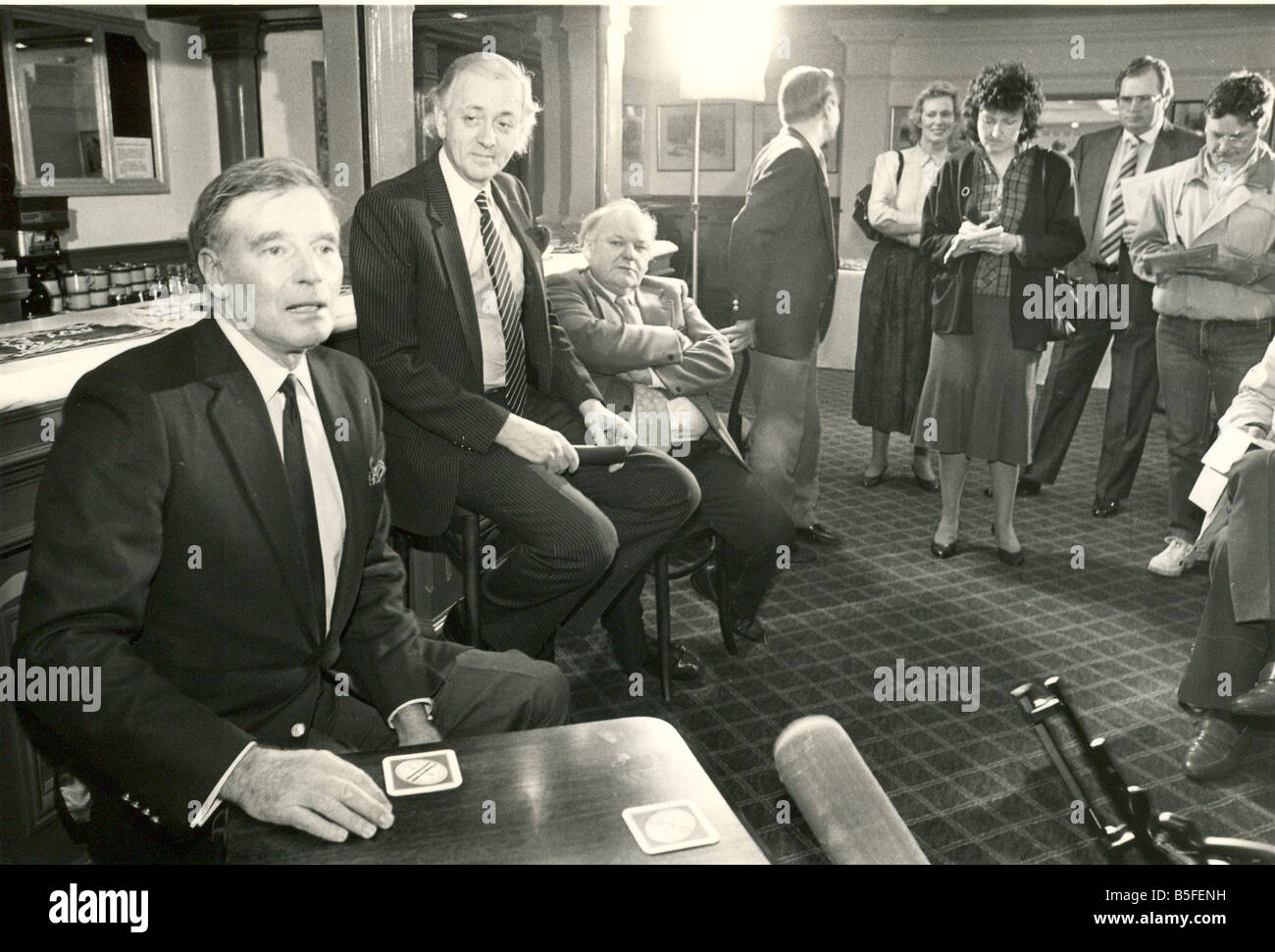 Charlton Heston during a press interview at Theatre Royal with fellow actor Roy Kinnear Stock Photo