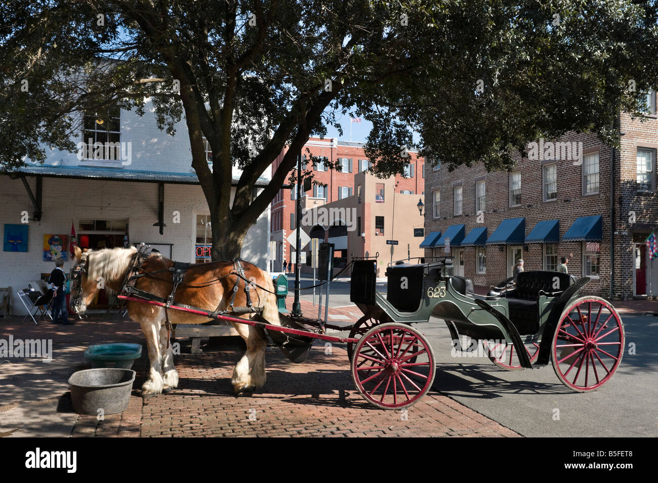 Horse and Buggy in City Market, Historic District, Savannah, Georgia, USA Stock Photo