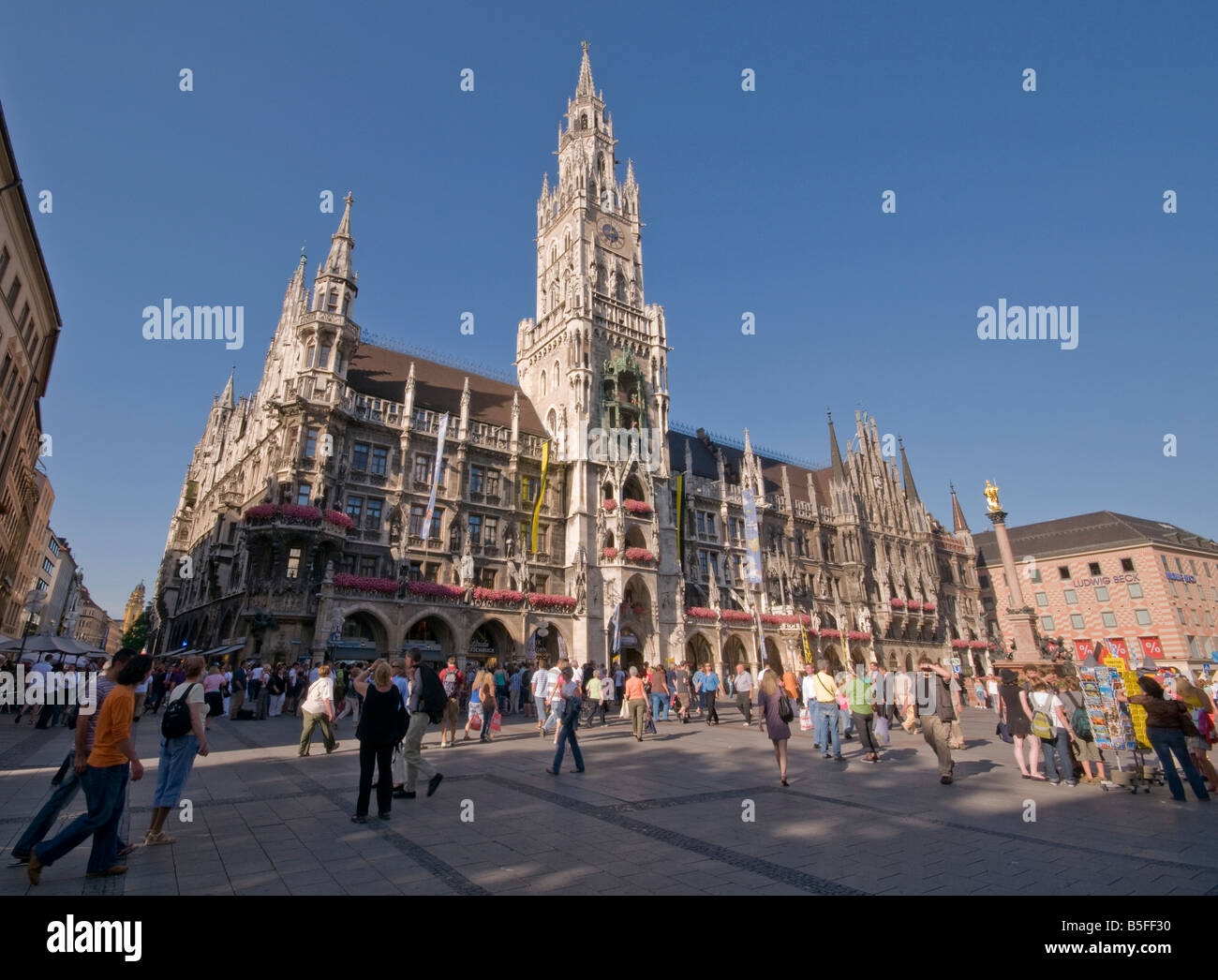 Rathaus town hall overlooking Marienplatz square in summer sunshine Munich Bavaria Germany Stock Photo