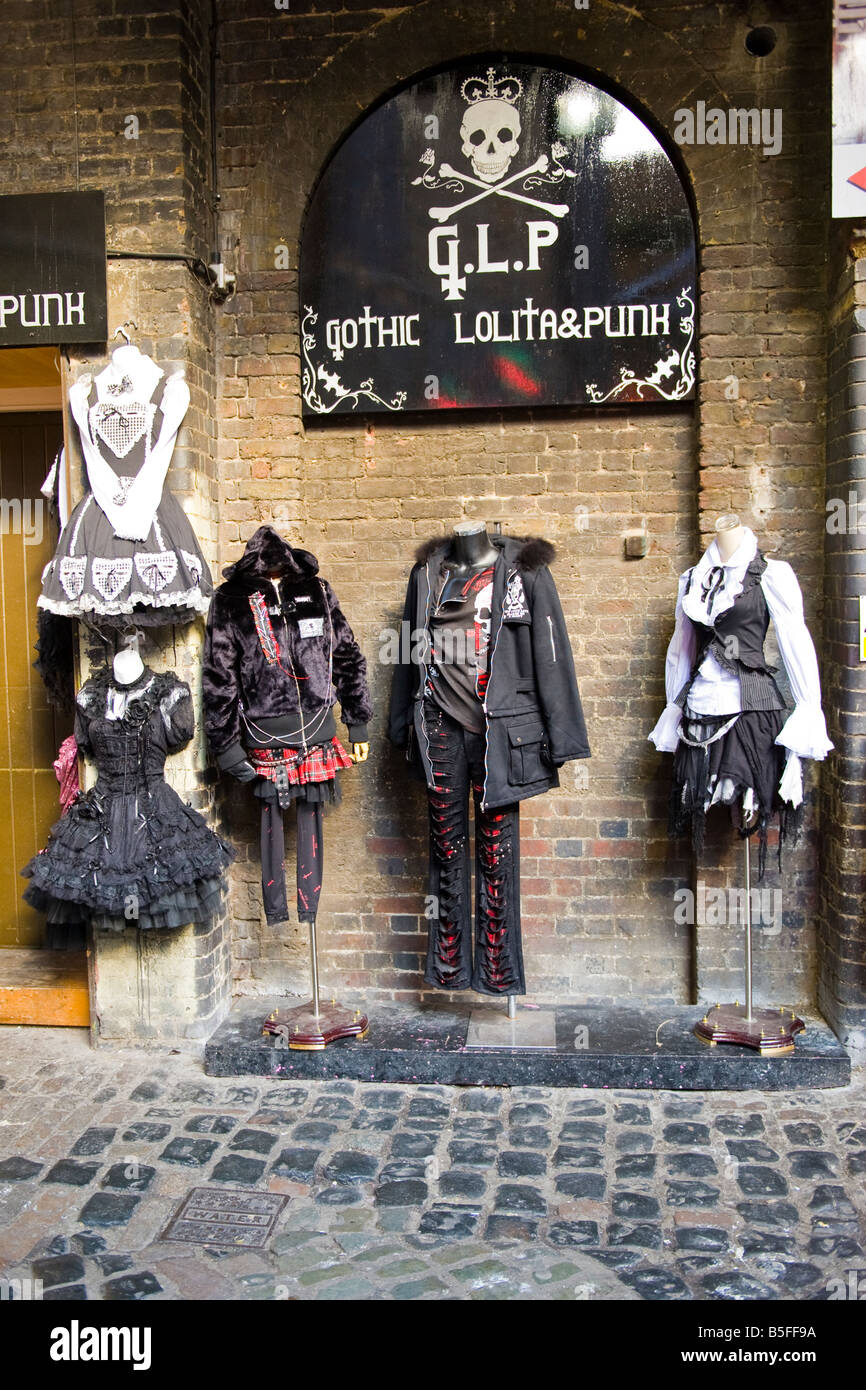 London , Camden Lock & Stables outdoor Market , outside The Gothic Lolita & Punk Clothes shop Stock Photo