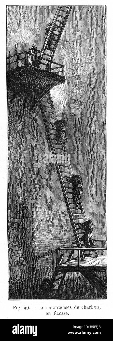 Scottish Coal Mine Ladder 1866 engraving of child labourers carrying coal out of a mine in Scotland Stock Photo