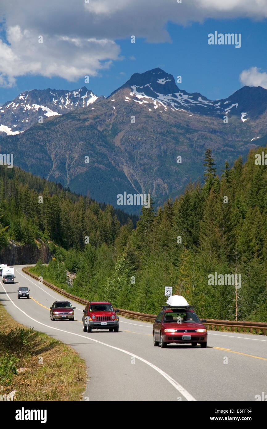 Automobiles travel on Washington State Highway 20 in the North Cascade