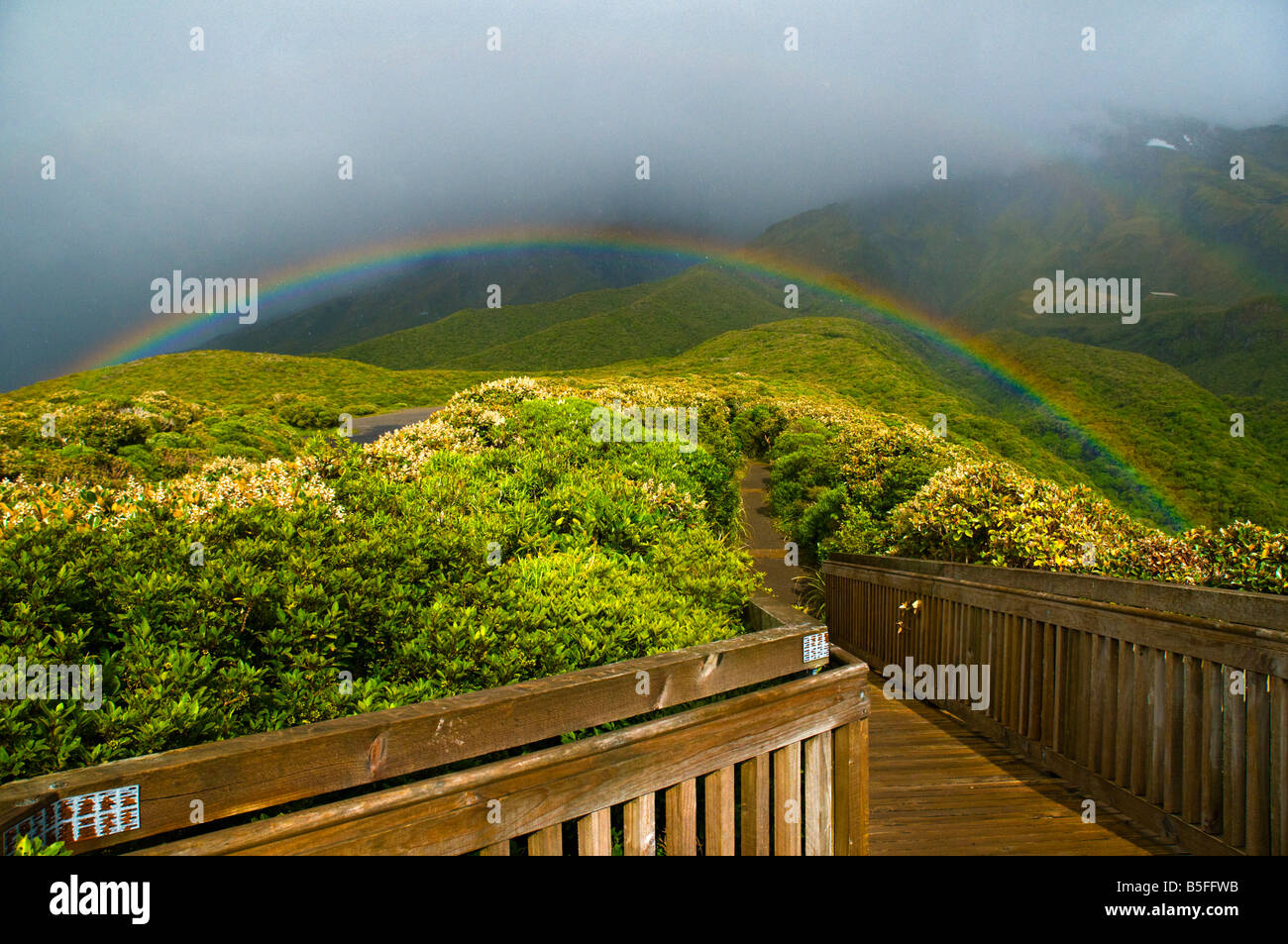 Rainbow at the viewing platform, Stratford Plateau ski area, Mount Taranaki, Egmont National Park, North Island, New Zealand Stock Photo
