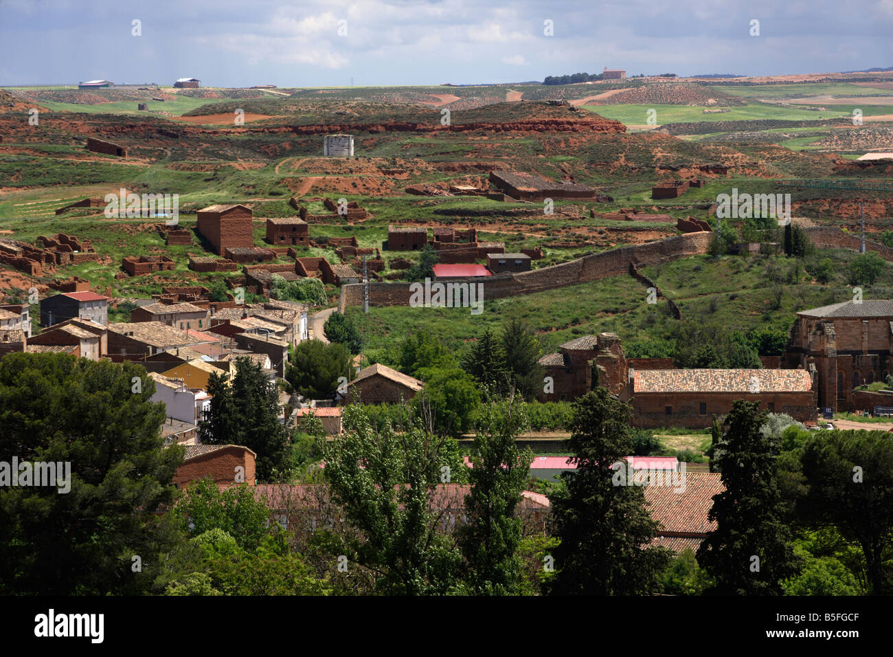 The countryside and houses east of Zaragoza in Aragon, Spain Stock
