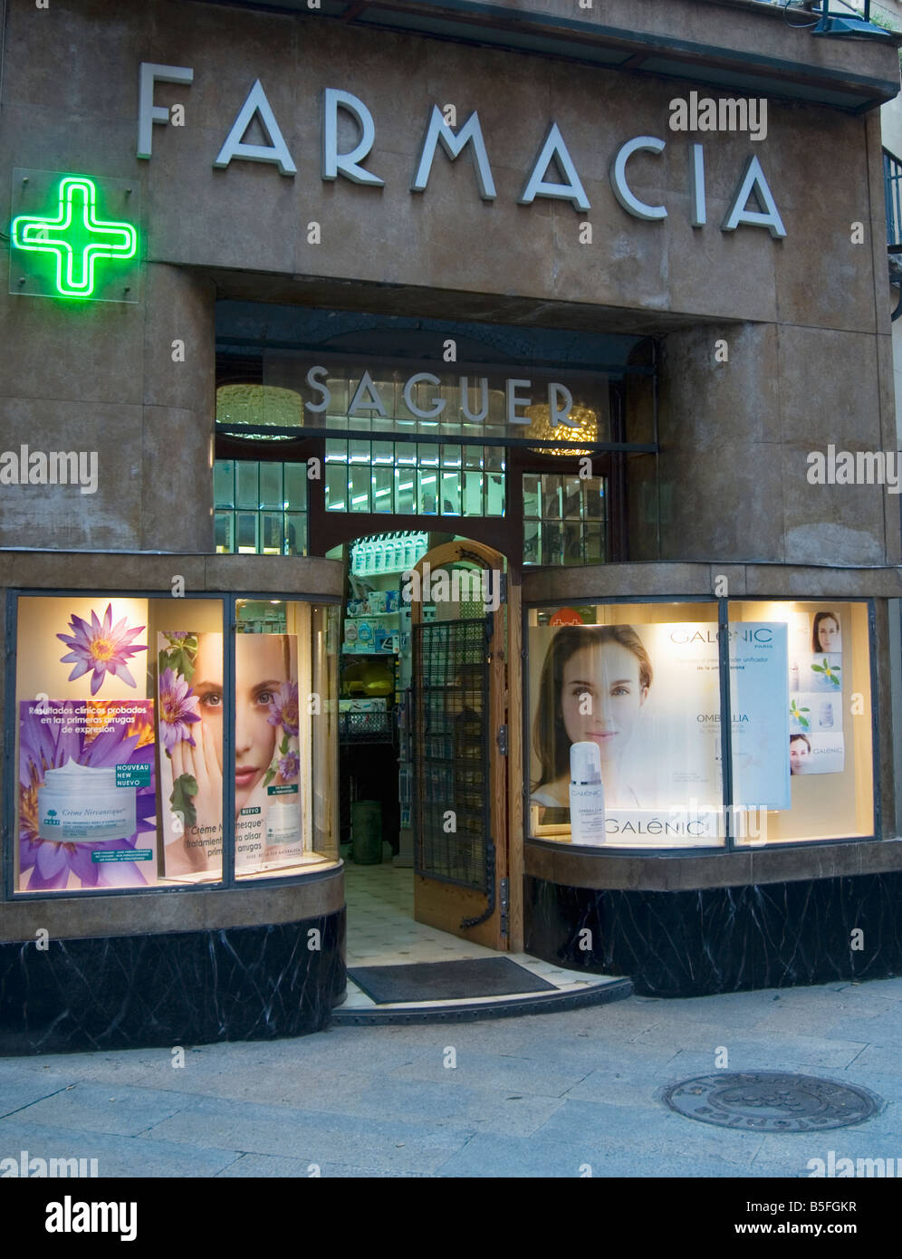 Front window of pharmacy In Girona, Catalunya, Spain Stock Photo