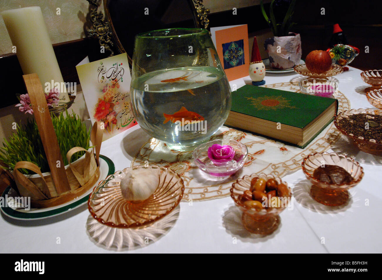 A goldfish in a bowl as part of a No Ruz display Stock Photo