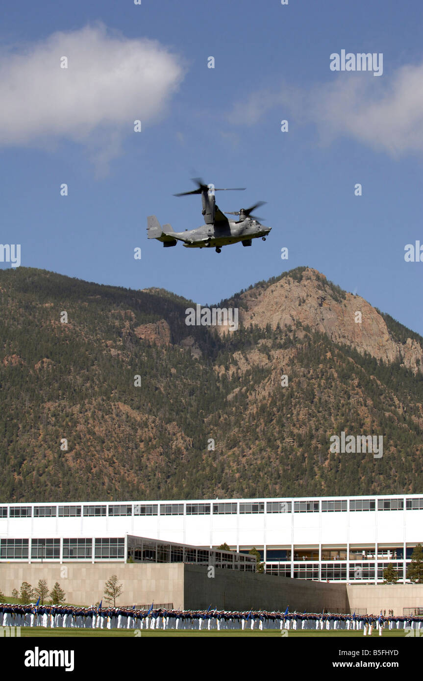 U.S. Air Force Academy, Colorado - A CV-22 Osprey flies over the 2007 Graduation Parade. Stock Photo