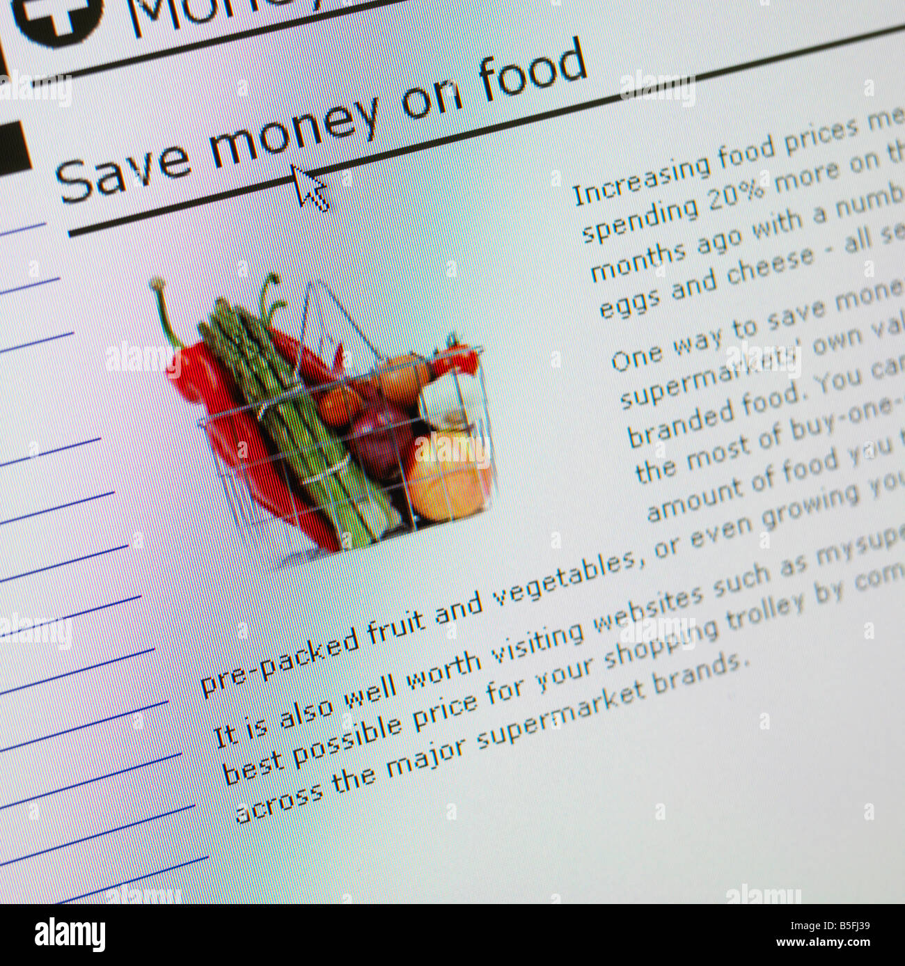 COMPUTER SCREEN WEB SITE CREDIT CRISIS CRUNCH SAVE MONEY ON FOOD Stock Photo