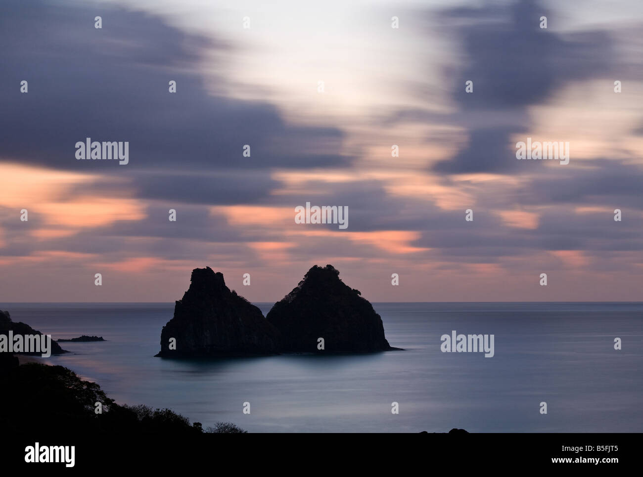 Dois Irmãos just after sunset, the famous mountains from Fernando de Noronha/Brazil. Stock Photo