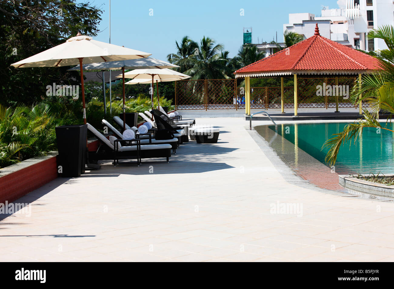 Swimming pool with deck chairs in a five star hotel in kerala,india ...
