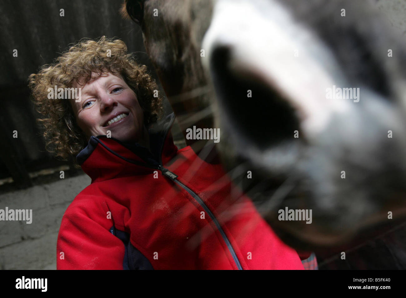 Racehorse Trainer Lucinda Russell with Horse Strong Resolve at their stables near Milnathort in Kinross  Stock Photo