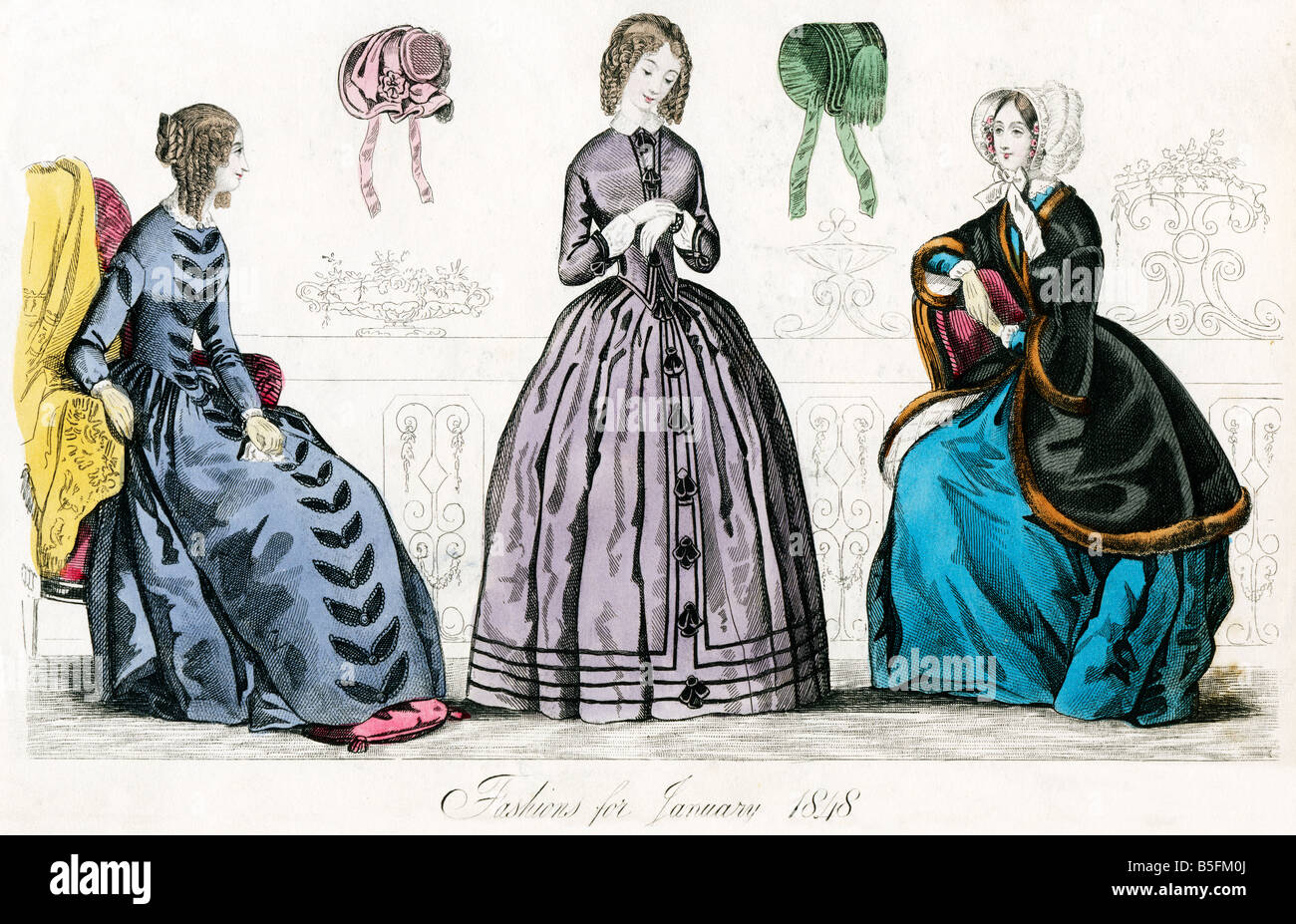 Fashions For January 1848 coloured engraving of early Victorian fashion hats and bonnets as well as dresses Stock Photo