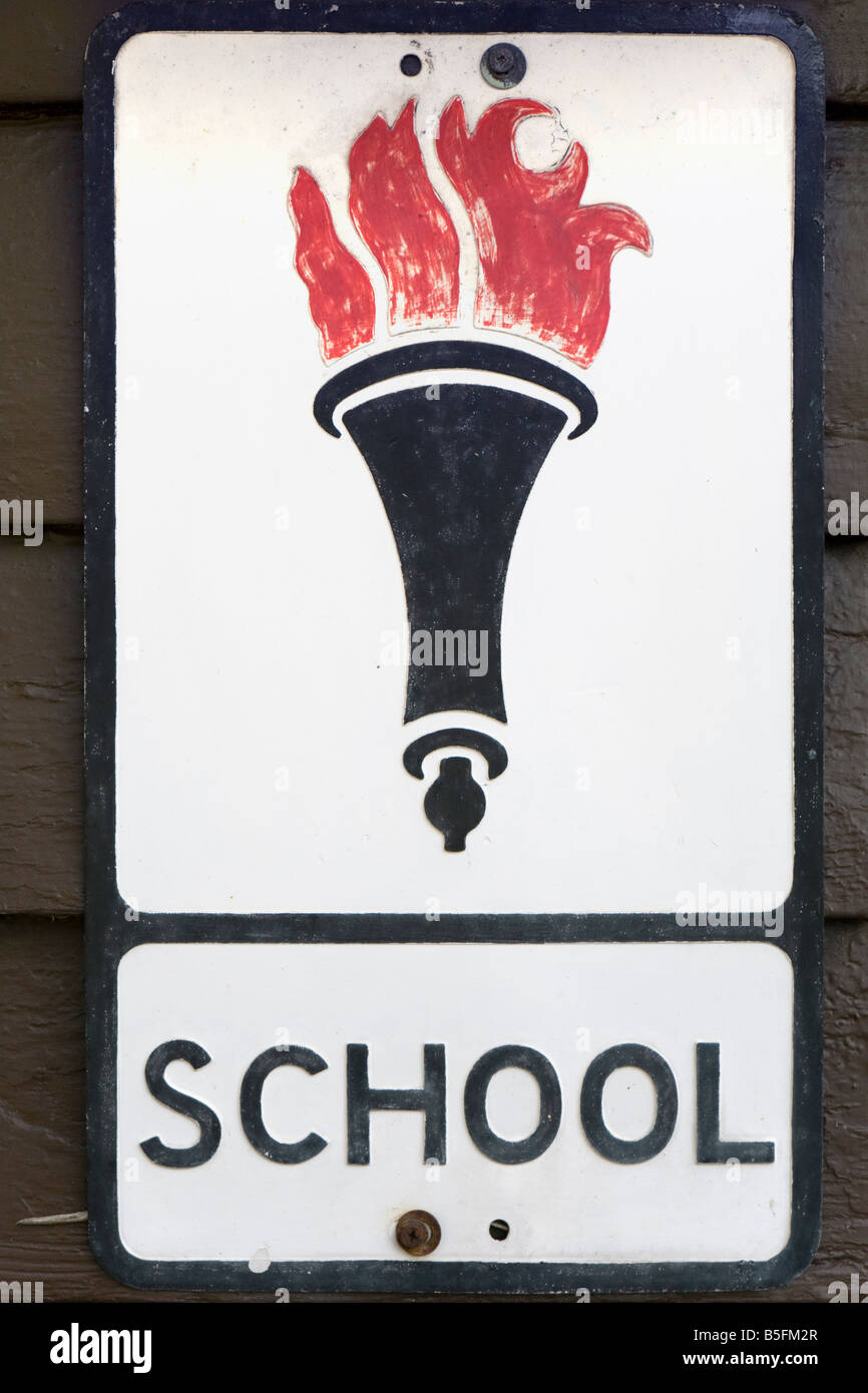 A old English school warning road sign from the 1950s and 1960s Stock Photo