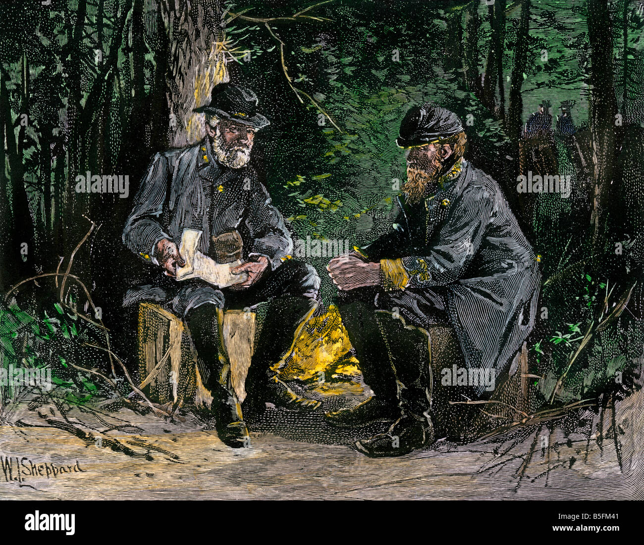 Confederate generals Robert E. Lee and Stonewall Jackson conferring before the battle of Chancellorsville 1863. Hand-colored woodcut Stock Photo