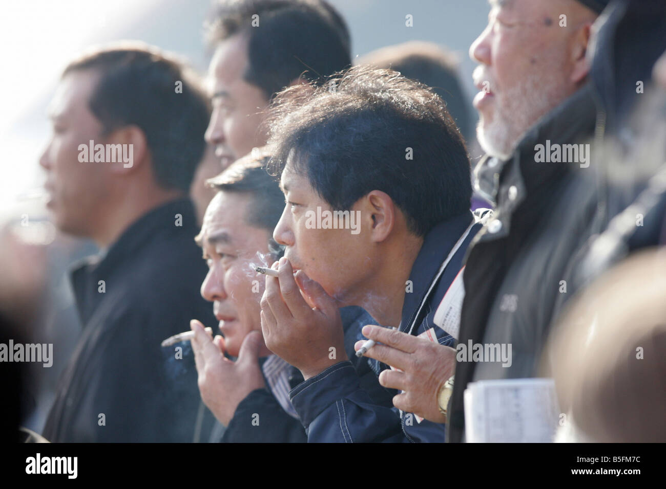 Men at horse races, smoking cigarettes, Seoul, South Korea Stock Photo