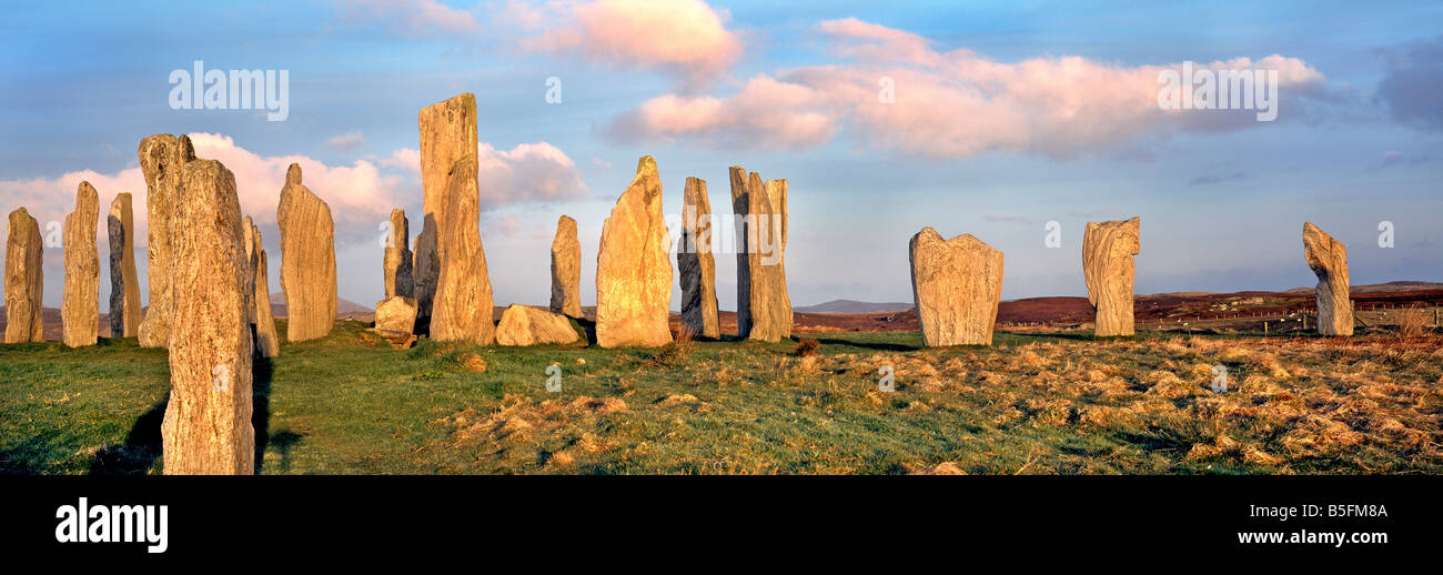 Panoramic dramatic morning sunrise over Callanish Standing Stones Carloway Island of Lewis Hebrides Western Isles Scotland UK Stock Photo