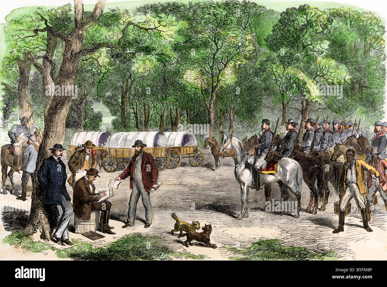 Jefferson Davis signing Confederate government papers by the roadside during his flight after Lee's surrender 1865. Hand-colored woodcut Stock Photo