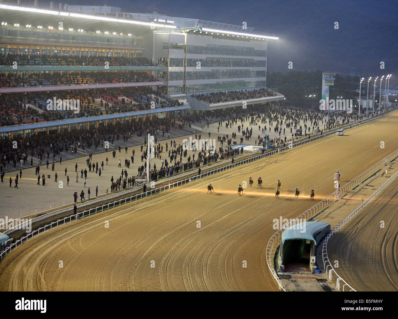 View of horse racing track and stands in the evening, Seoul, South Korea Stock Photo