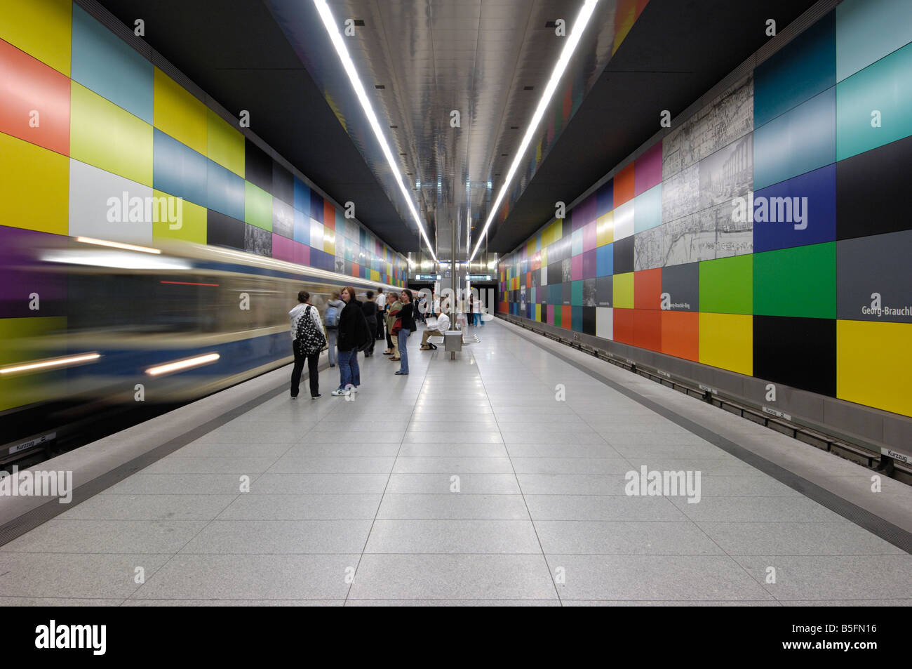 Underground train coming into a U Bhan station, Munich, Munchen, Bavaria, Germany Stock Photo
