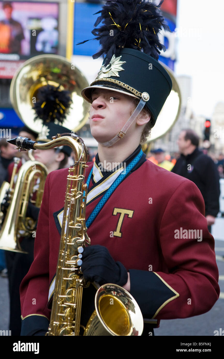 Member of a High School Marching Band performing at the London New Year's Day Parade 2007 Stock Photo