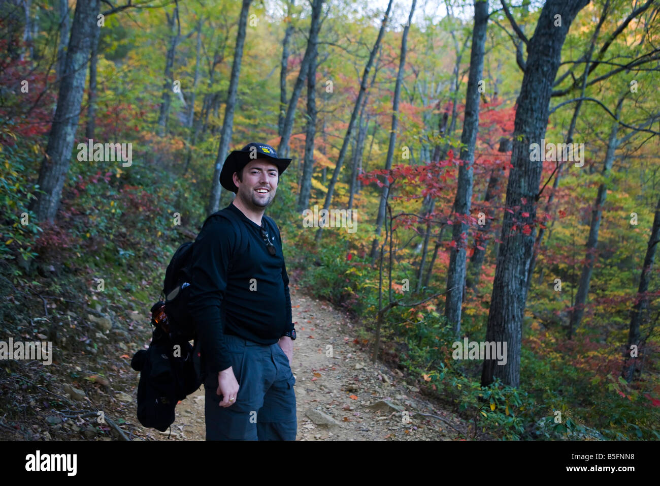 A male hiker on a trail, Old Rag Mountain, Shenandoah National Park, Virginia. Stock Photo