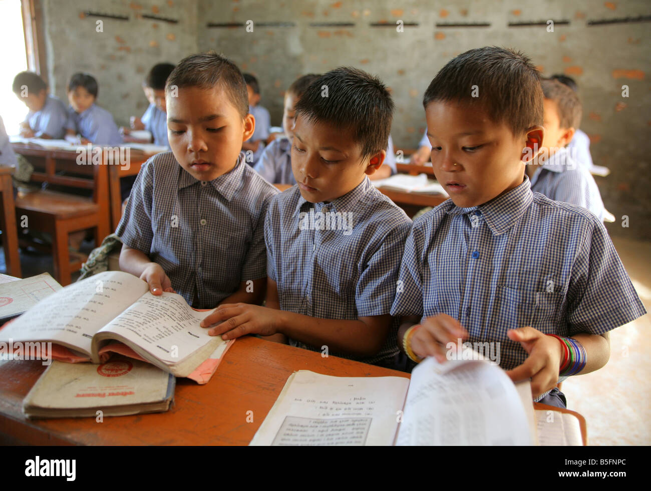 Nepal, boys during a lessons in a village school in Jayamangala Stock Photo