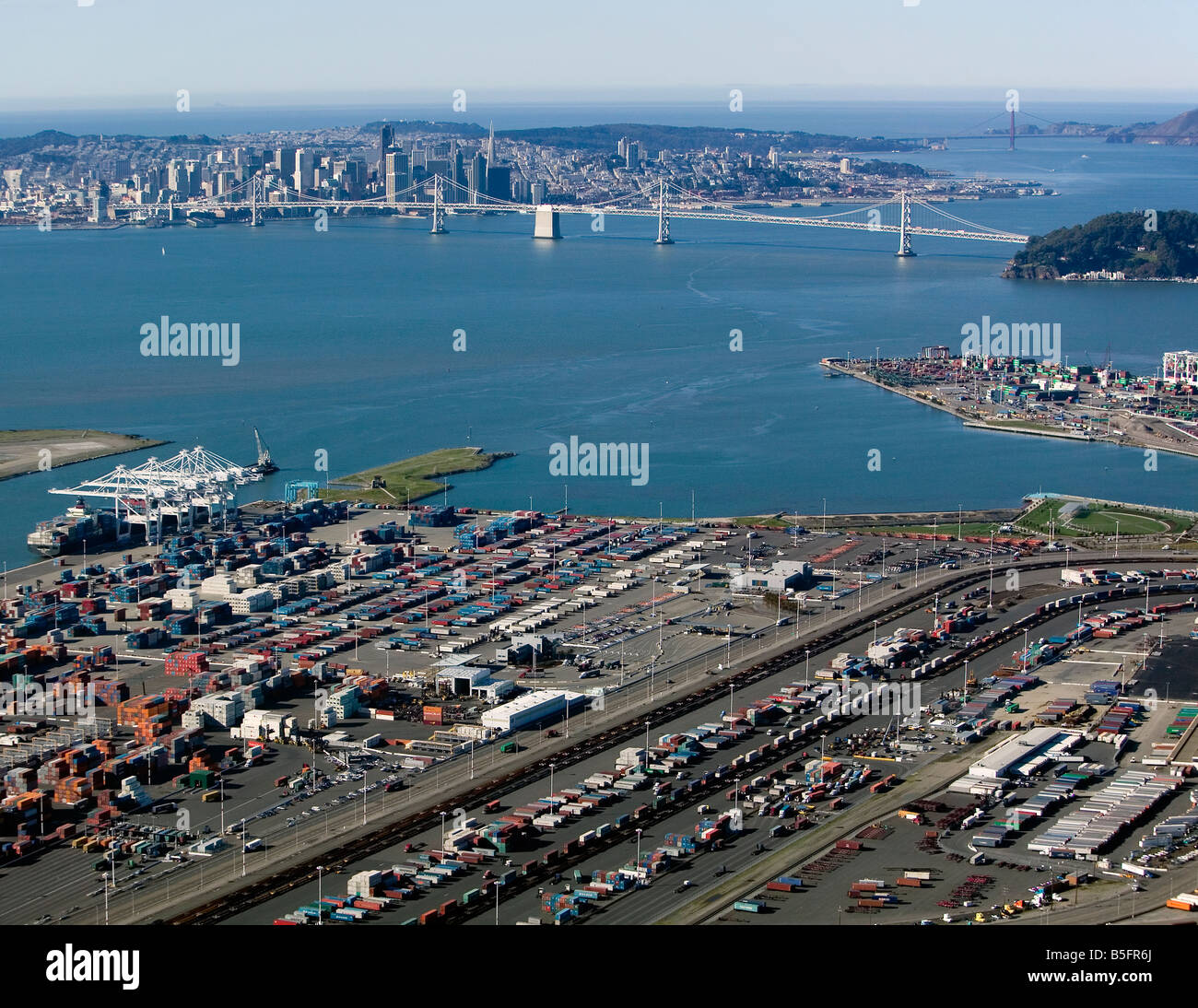 aerial view above Port of Oakland across San Francisco bay to San