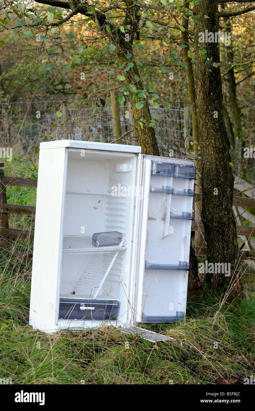 A fly tipped fridge at a woodland beauty spot Stock Photo