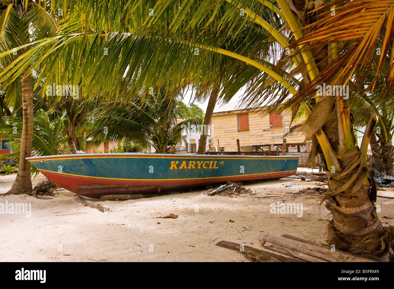 CAYE CAULKER BELIZE boat on beach under palm trees Stock Photo