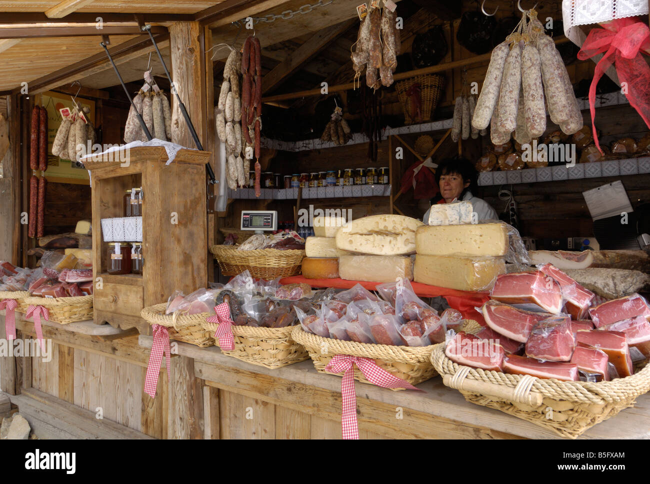 Stall selling cold meats, cheese etc. South Tyrol, Trentino - Alto Adige, Italy Stock Photo