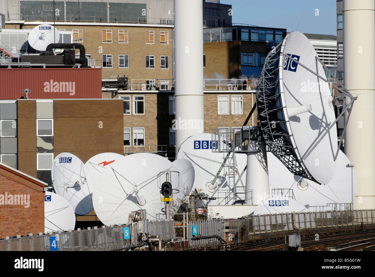 UK. Satellite dishes at BBC Television Centre, Wood Lane ,White City