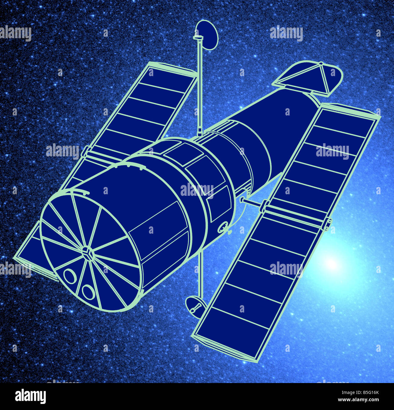 NASA Hubble Space Telescope model composited on starry galaxy Stock Photo