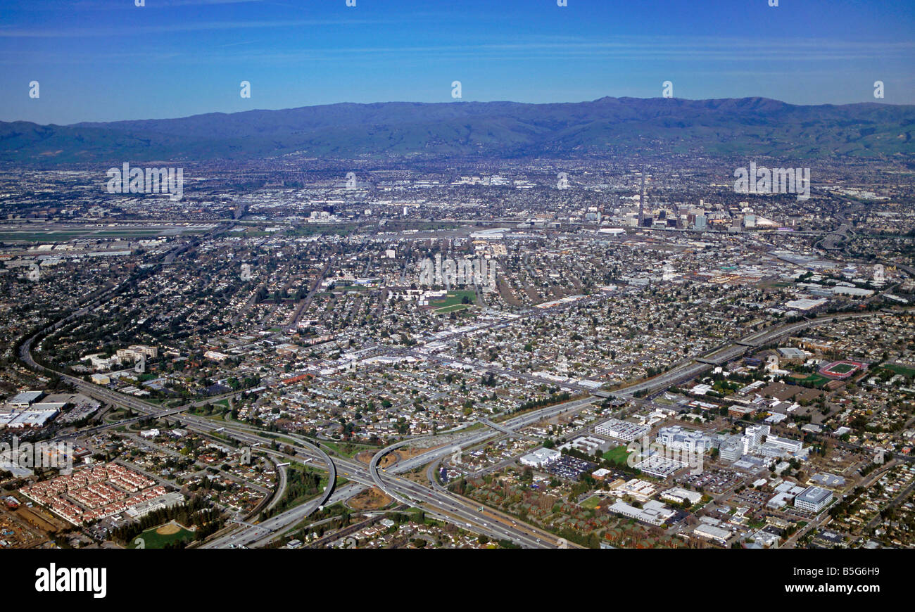 aerial view above Silicon Valley from Campbell to San Jose California at interstate 280 and highway 17 Stock Photo