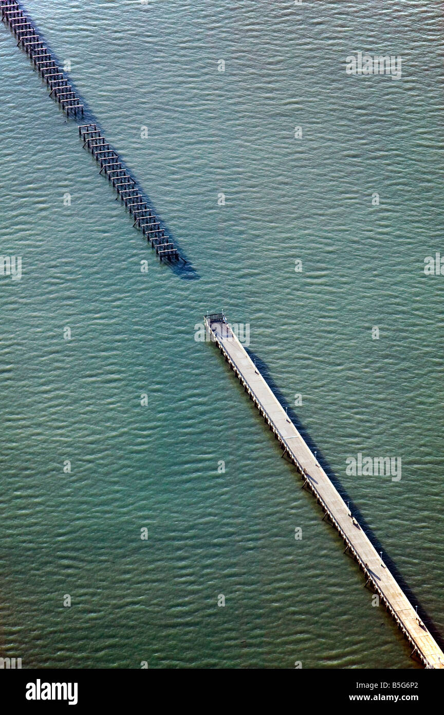 aerial view above Berkeley pier including portion still open to public and now defunct portion of the once 3.5 mile long pier Stock Photo