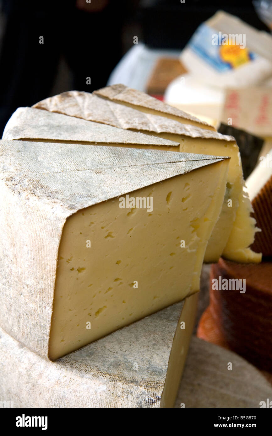 Cheese being sold at an outdoor market in the town of Cangas de Onis